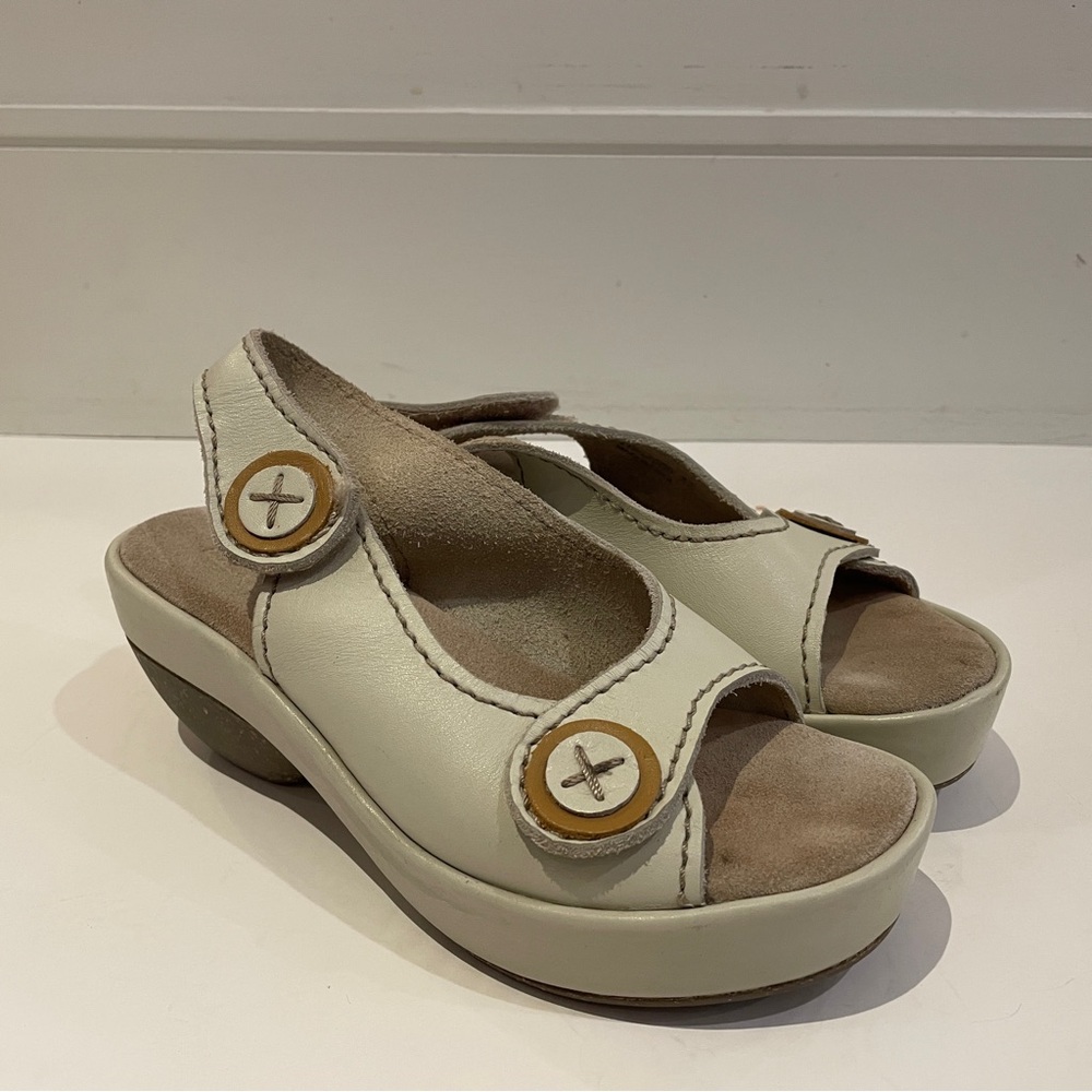 Fly London Cream and Tan Wedge Sandals